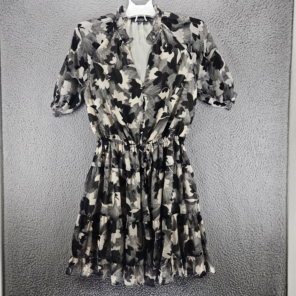 Lauren Ralph Lauren Dress Size 2 Floral Elastic Waist Sheer Lined Black Label -2